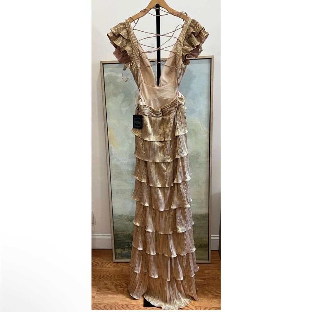 Mac Duggal 26740 Gold Ruffle Tiered Corset Back Lace Up Gown Maxi Dress Size 12 - Picture 8 of 8
